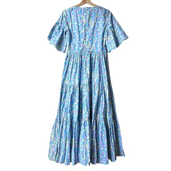 Coco Shop Short Sleeve Bell Sleeve Tiered V Neck MIDI Dress Blue Floral Sz S